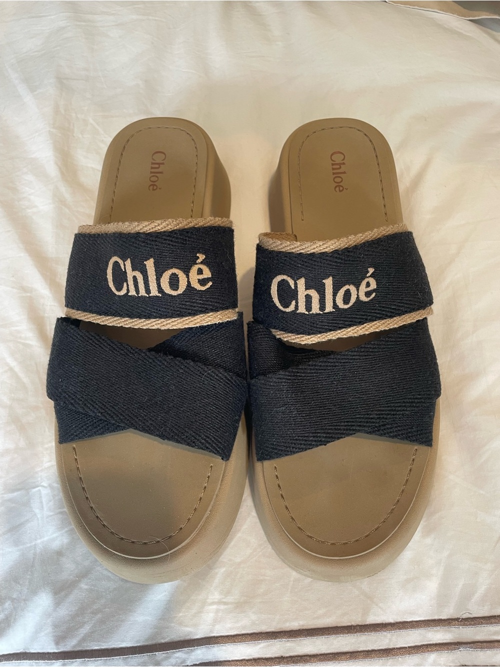 Chloé Black Canvas Logo platform Slide Sandals
